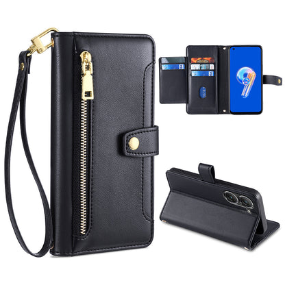 For Asus Zenfone 9 5G Zipper Pocket PU Leather Stand Case Card Slots Flip Phone Cover with Wrist Strap and Shoulder Strap