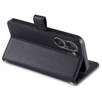 For Asus Zenfone 9 5G Zipper Pocket PU Leather Stand Case Card Slots Flip Phone Cover with Wrist Strap and Shoulder Strap