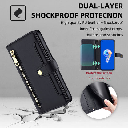 For Asus Zenfone 9 5G Zipper Pocket PU Leather Stand Case Card Slots Flip Phone Cover with Wrist Strap and Shoulder Strap