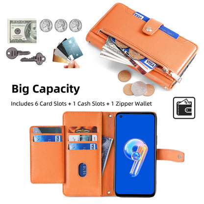 For Asus Zenfone 9 5G Zipper Pocket PU Leather Stand Case Card Slots Flip Phone Cover with Wrist Strap and Shoulder Strap