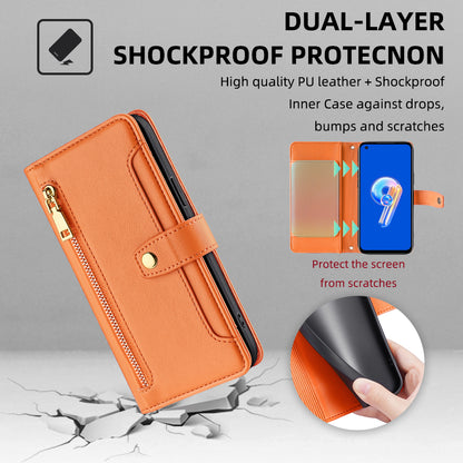 For Asus Zenfone 9 5G Zipper Pocket PU Leather Stand Case Card Slots Flip Phone Cover with Wrist Strap and Shoulder Strap