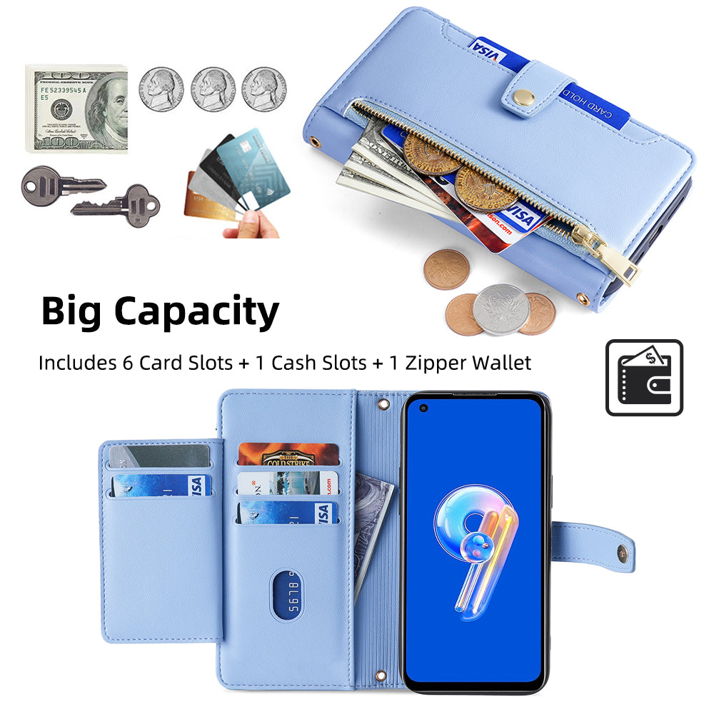 For Asus Zenfone 9 5G Zipper Pocket PU Leather Stand Case Card Slots Flip Phone Cover with Wrist Strap and Shoulder Strap