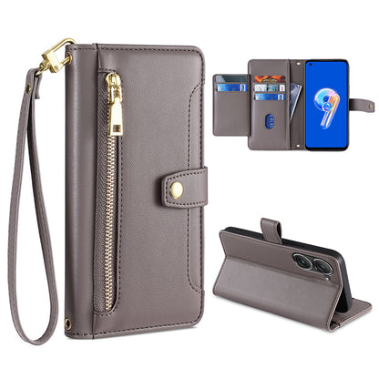 For Asus Zenfone 9 5G Zipper Pocket PU Leather Stand Case Card Slots Flip Phone Cover with Wrist Strap and Shoulder Strap