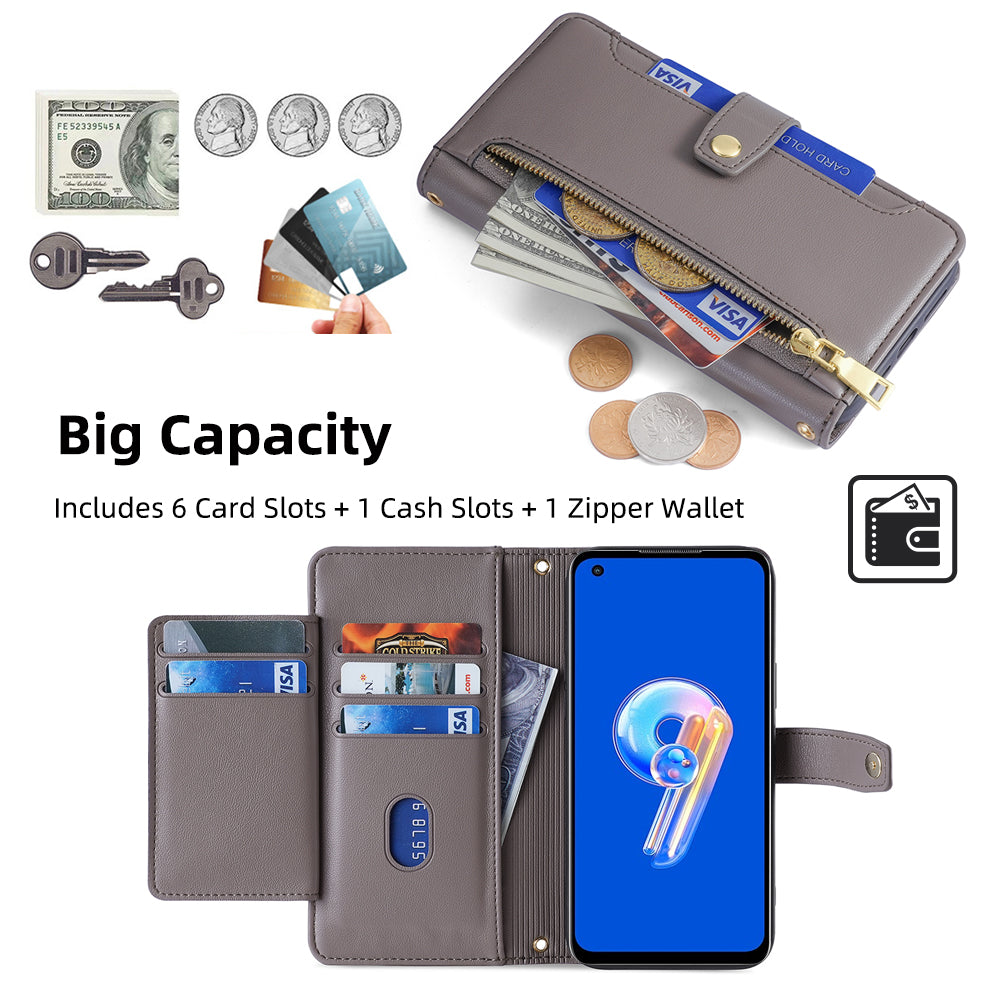 For Asus Zenfone 9 5G Zipper Pocket PU Leather Stand Case Card Slots Flip Phone Cover with Wrist Strap and Shoulder Strap