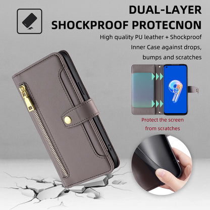 For Asus Zenfone 9 5G Zipper Pocket PU Leather Stand Case Card Slots Flip Phone Cover with Wrist Strap and Shoulder Strap