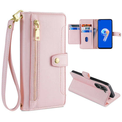 For Asus Zenfone 9 5G Zipper Pocket PU Leather Stand Case Card Slots Flip Phone Cover with Wrist Strap and Shoulder Strap