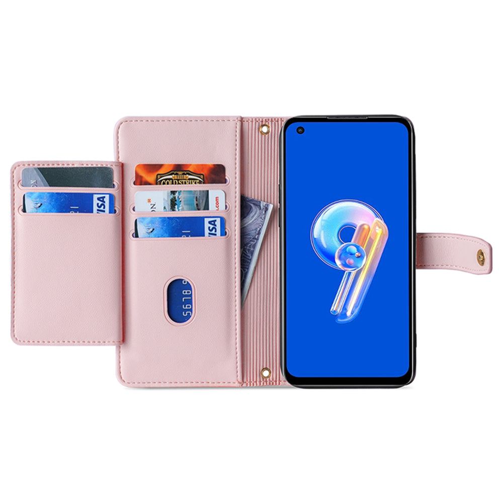 For Asus Zenfone 9 5G Zipper Pocket PU Leather Stand Case Card Slots Flip Phone Cover with Wrist Strap and Shoulder Strap