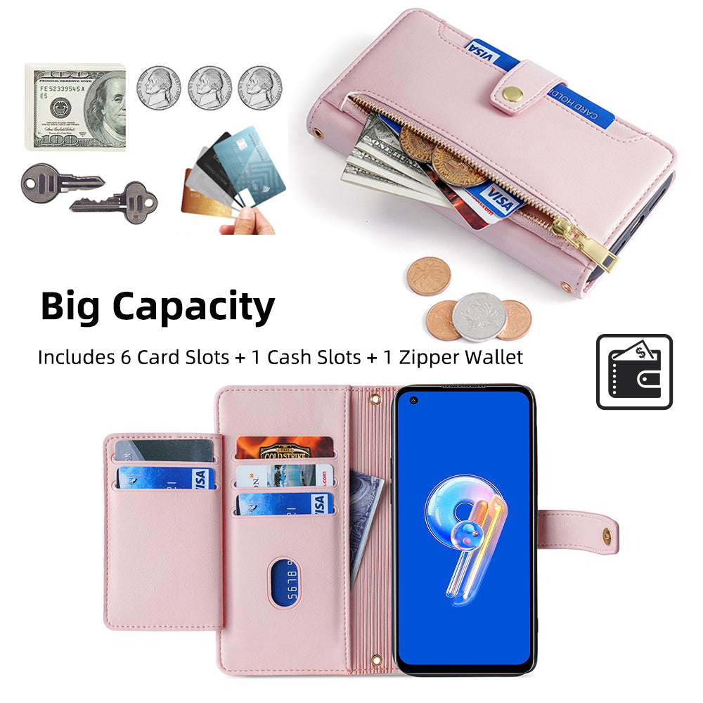 For Asus Zenfone 9 5G Zipper Pocket PU Leather Stand Case Card Slots Flip Phone Cover with Wrist Strap and Shoulder Strap