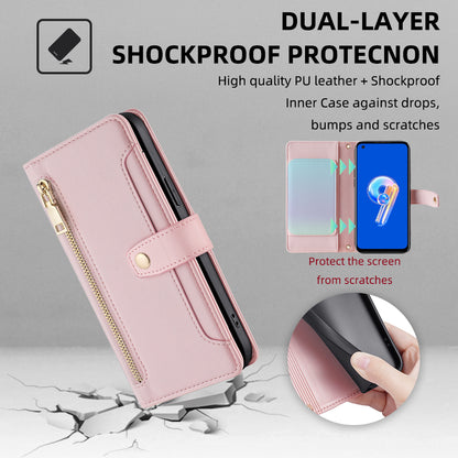 For Asus Zenfone 9 5G Zipper Pocket PU Leather Stand Case Card Slots Flip Phone Cover with Wrist Strap and Shoulder Strap