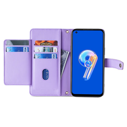 For Asus Zenfone 9 5G Zipper Pocket PU Leather Stand Case Card Slots Flip Phone Cover with Wrist Strap and Shoulder Strap