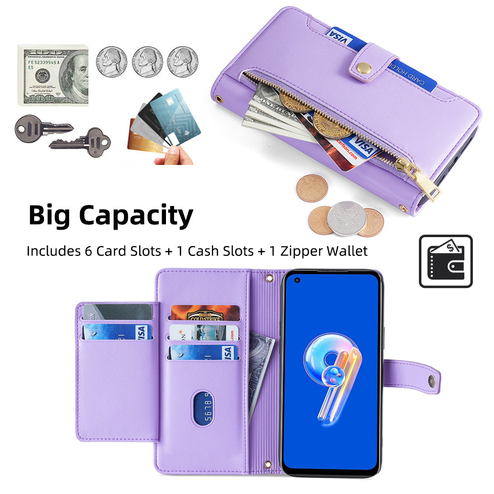 For Asus Zenfone 9 5G Zipper Pocket PU Leather Stand Case Card Slots Flip Phone Cover with Wrist Strap and Shoulder Strap