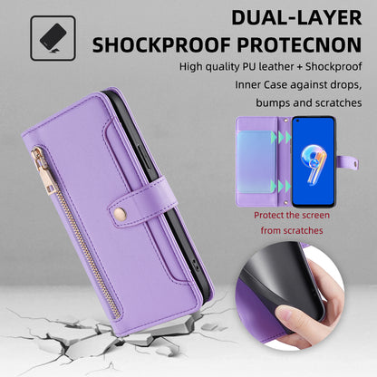 For Asus Zenfone 9 5G Zipper Pocket PU Leather Stand Case Card Slots Flip Phone Cover with Wrist Strap and Shoulder Strap