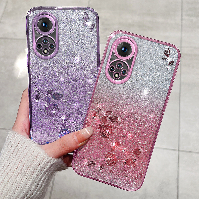 For Huawei nova 9 Anti-Scratch Rhinestone Design Phone Shell Case Flower Pattern Decor Glitter Powder Soft TPU Cell Phone Cover