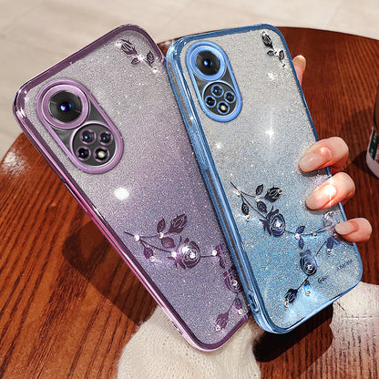 For Huawei nova 9 Anti-Scratch Rhinestone Design Phone Shell Case Flower Pattern Decor Glitter Powder Soft TPU Cell Phone Cover