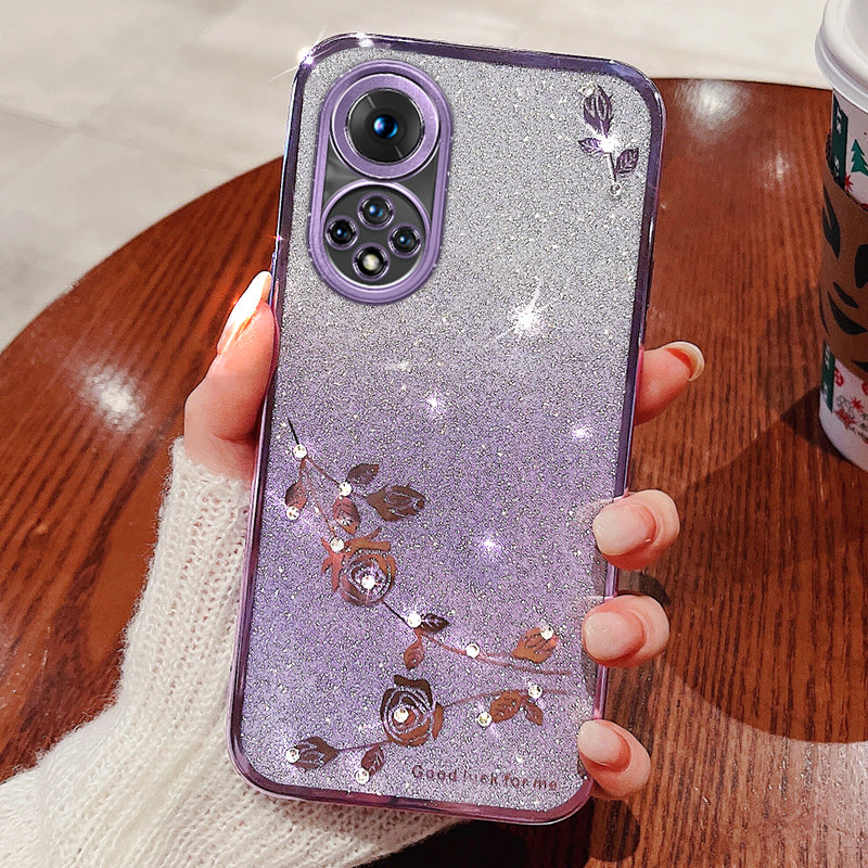 For Huawei nova 9 Anti-Scratch Rhinestone Design Phone Shell Case Flower Pattern Decor Glitter Powder Soft TPU Cell Phone Cover