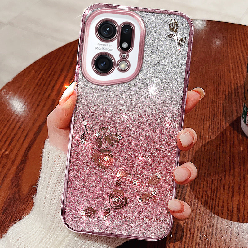 For Oppo Find X5 Pro 5G Cell Phone Case Rhinestone Flower Pattern Gradient Color Glitter Powder TPU Cover Protector