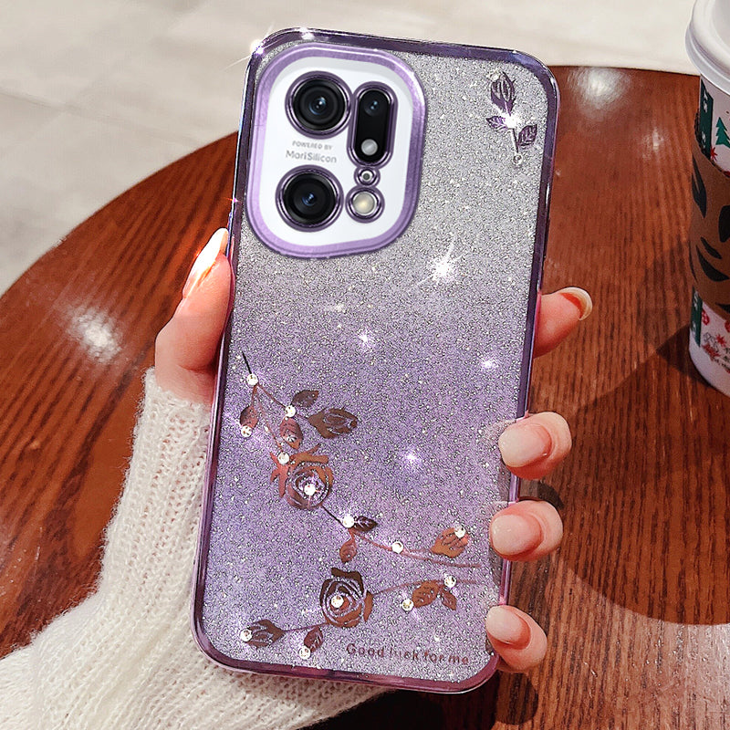 For Oppo Find X5 Pro 5G Cell Phone Case Rhinestone Flower Pattern Gradient Color Glitter Powder TPU Cover Protector