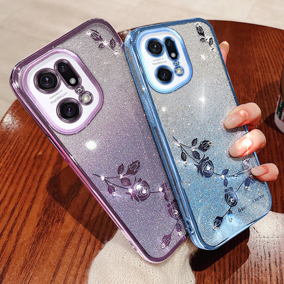 For Oppo Find X5 Pro 5G Cell Phone Case Rhinestone Flower Pattern Gradient Color Glitter Powder TPU Cover Protector