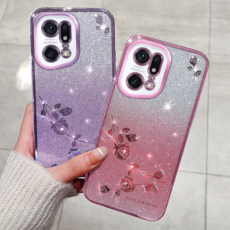 For Oppo Find X5 Pro 5G Cell Phone Case Rhinestone Flower Pattern Gradient Color Glitter Powder TPU Cover Protector