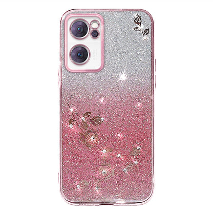 Shiny Rhinestone Phone Case for Oppo Reno7 5G (Global), Gradient Color Glitter Powder Flower Pattern TPU Protective Cover