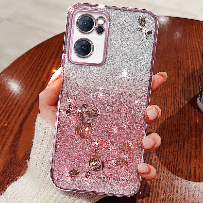 Shiny Rhinestone Phone Case for Oppo Reno7 5G (Global), Gradient Color Glitter Powder Flower Pattern TPU Protective Cover