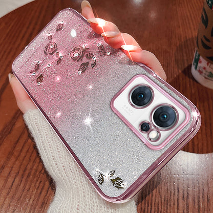 Shiny Rhinestone Phone Case for Oppo Reno7 5G (Global), Gradient Color Glitter Powder Flower Pattern TPU Protective Cover