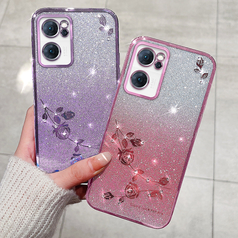 Shiny Rhinestone Phone Case for Oppo Reno7 5G (Global), Gradient Color Glitter Powder Flower Pattern TPU Protective Cover