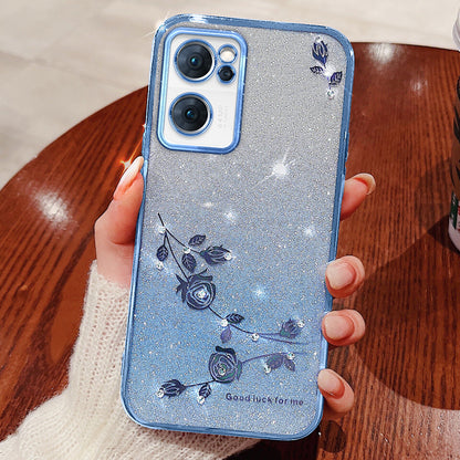 Shiny Rhinestone Phone Case for Oppo Reno7 5G (Global), Gradient Color Glitter Powder Flower Pattern TPU Protective Cover