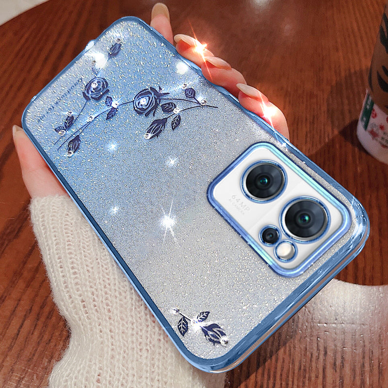 Shiny Rhinestone Phone Case for Oppo Reno7 5G (Global), Gradient Color Glitter Powder Flower Pattern TPU Protective Cover