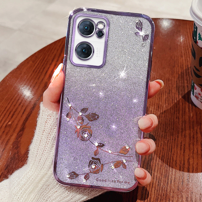 Shiny Rhinestone Phone Case for Oppo Reno7 5G (Global), Gradient Color Glitter Powder Flower Pattern TPU Protective Cover