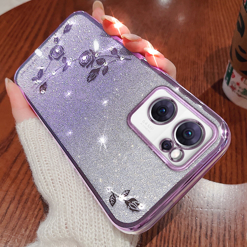 Shiny Rhinestone Phone Case for Oppo Reno7 5G (Global), Gradient Color Glitter Powder Flower Pattern TPU Protective Cover