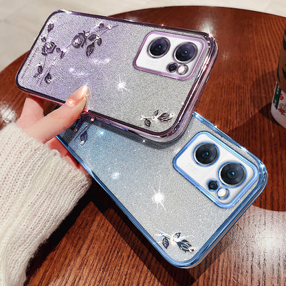 Shiny Rhinestone Phone Case for Oppo Reno7 5G (Global), Gradient Color Glitter Powder Flower Pattern TPU Protective Cover