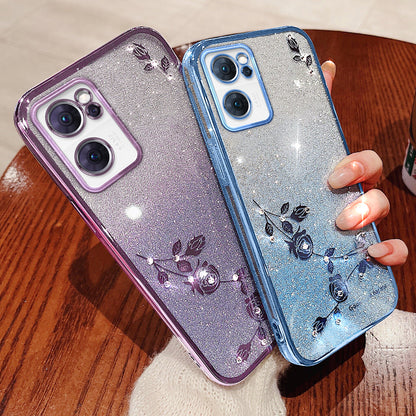 Shiny Rhinestone Phone Case for Oppo Reno7 5G (Global), Gradient Color Glitter Powder Flower Pattern TPU Protective Cover