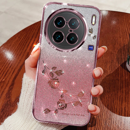 For vivo X90 Pro+ 5G Rhinestone Decor Flower Pattern Soft TPU Protective Cover Glitter Powder Drop-proof Case