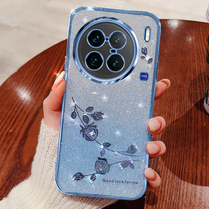 For vivo X90 Pro+ 5G Rhinestone Decor Flower Pattern Soft TPU Protective Cover Glitter Powder Drop-proof Case