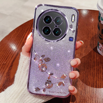 For vivo X90 Pro+ 5G Rhinestone Decor Flower Pattern Soft TPU Protective Cover Glitter Powder Drop-proof Case