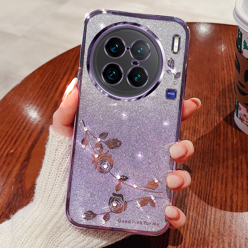 For vivo X90 Pro 5G Rhinestone Decor Flower Pattern Soft TPU Back Cover Gradient Glitter Powder Protective Case