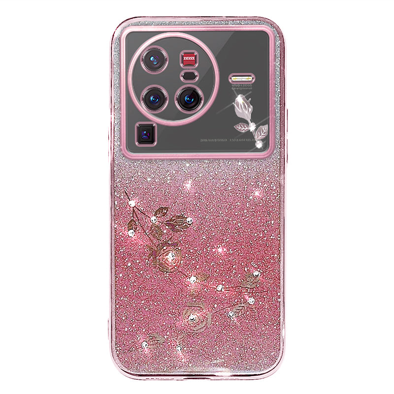 For vivo X80 Pro 5G Gradient Glitter Powder TPU Protective Cover Stylish Rhinestone Decor Flower Pattern Phone Back Case