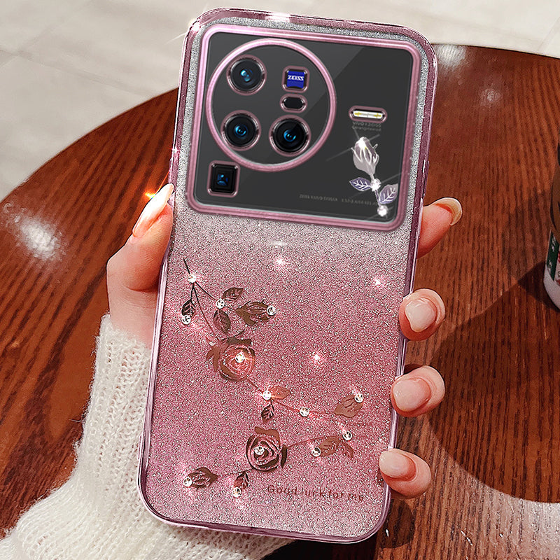 For vivo X80 Pro 5G Gradient Glitter Powder TPU Protective Cover Stylish Rhinestone Decor Flower Pattern Phone Back Case