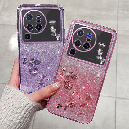 For vivo X80 Pro 5G Gradient Glitter Powder TPU Protective Cover Stylish Rhinestone Decor Flower Pattern Phone Back Case