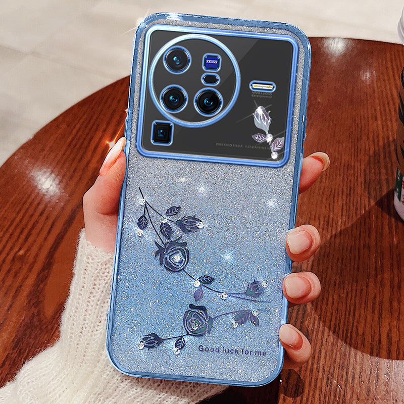 For vivo X80 Pro 5G Gradient Glitter Powder TPU Protective Cover Stylish Rhinestone Decor Flower Pattern Phone Back Case