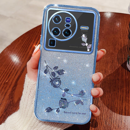 For vivo X80 Pro 5G Gradient Glitter Powder TPU Protective Cover Stylish Rhinestone Decor Flower Pattern Phone Back Case