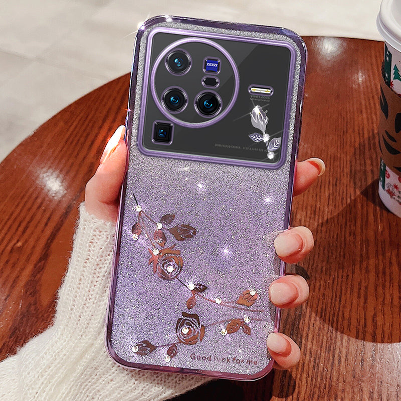 For vivo X80 Pro 5G Gradient Glitter Powder TPU Protective Cover Stylish Rhinestone Decor Flower Pattern Phone Back Case