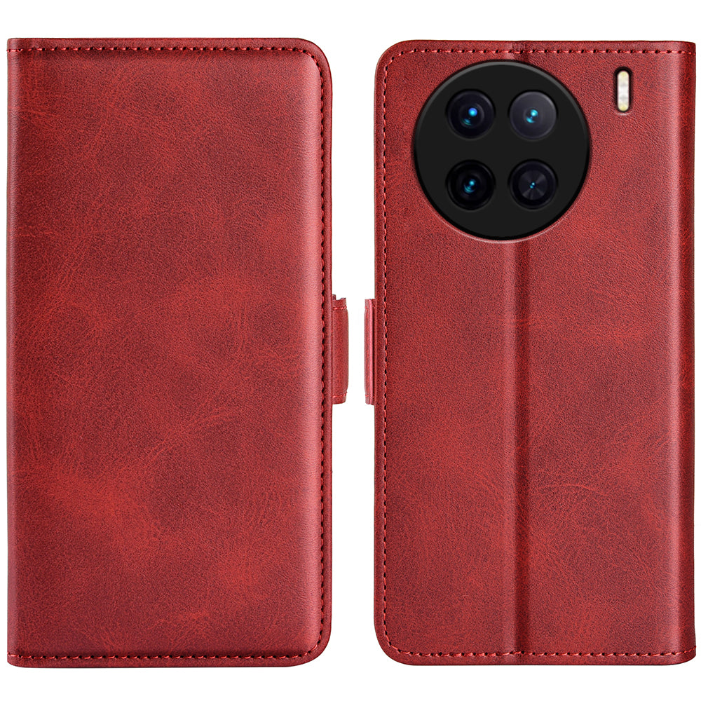 For vivo X90 5G Cell Phone Cover PU Leather Dual Magnetic Clasp Calf Texture Case Foldable Stand Wallet