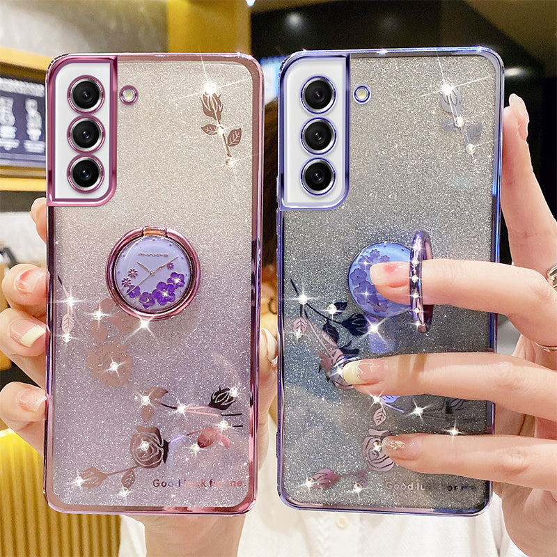 For Samsung Galaxy S21 FE 5G Gradient Glitter Phone Case with Ring Kickstand Flower Pattern Rhinestone Decor Soft TPU Anti-drop Bumper Cover