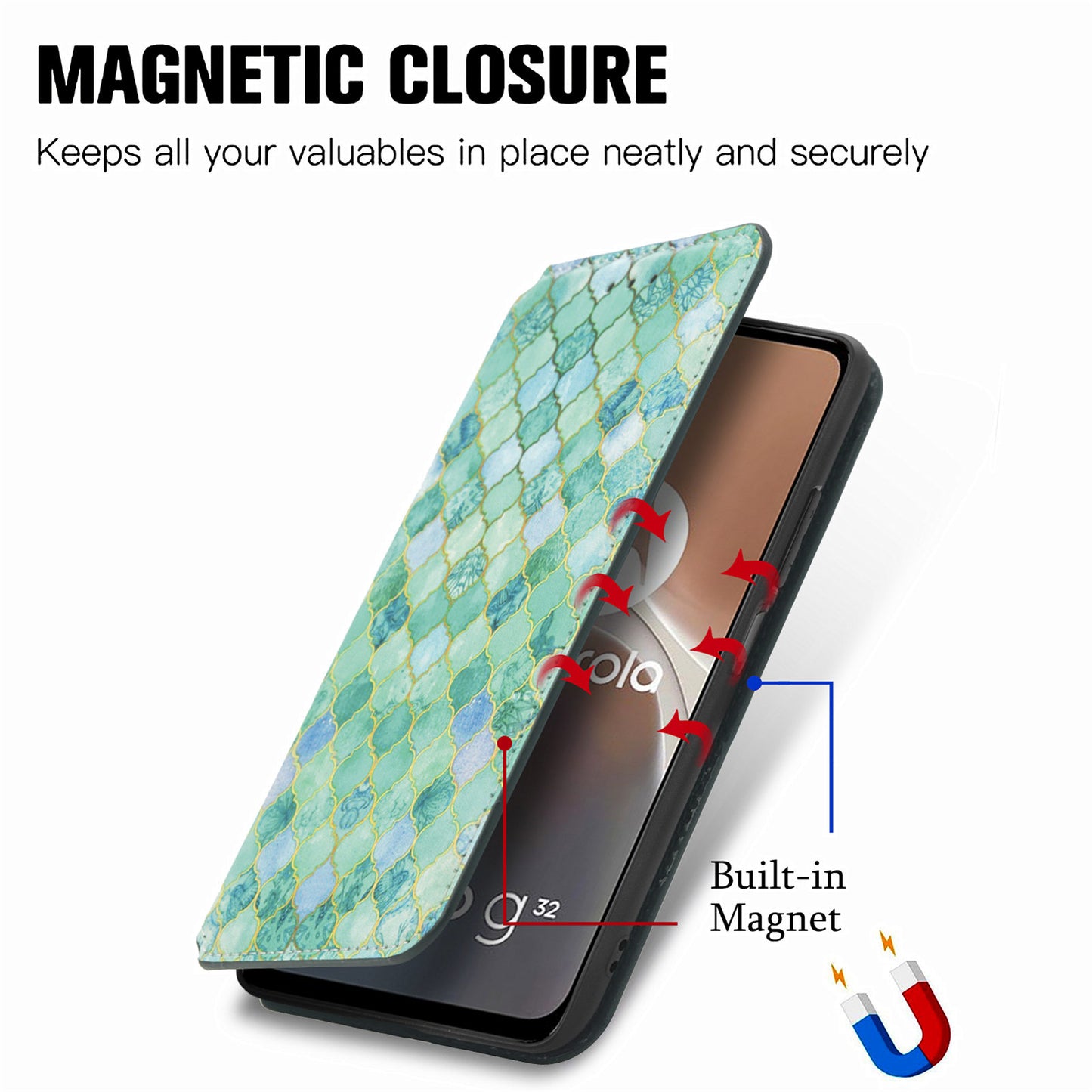 CASENEO 001 Series for Motorola Moto G32 4G PU Leather RFID Blocking Pattern Printing Phone Case Magnetic Auto Closing Anti-scratch Flip Cover Stand Wallet
