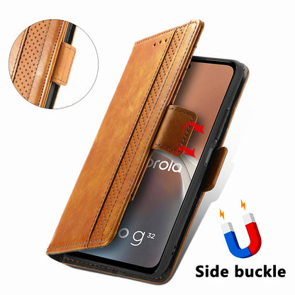 CASENEO 002 Series RFID Blocking Phone Case for Motorola Moto G32 4G, Business Splicing Style PU Leather + TPU Wallet Stand Anti-drop Phone Cover