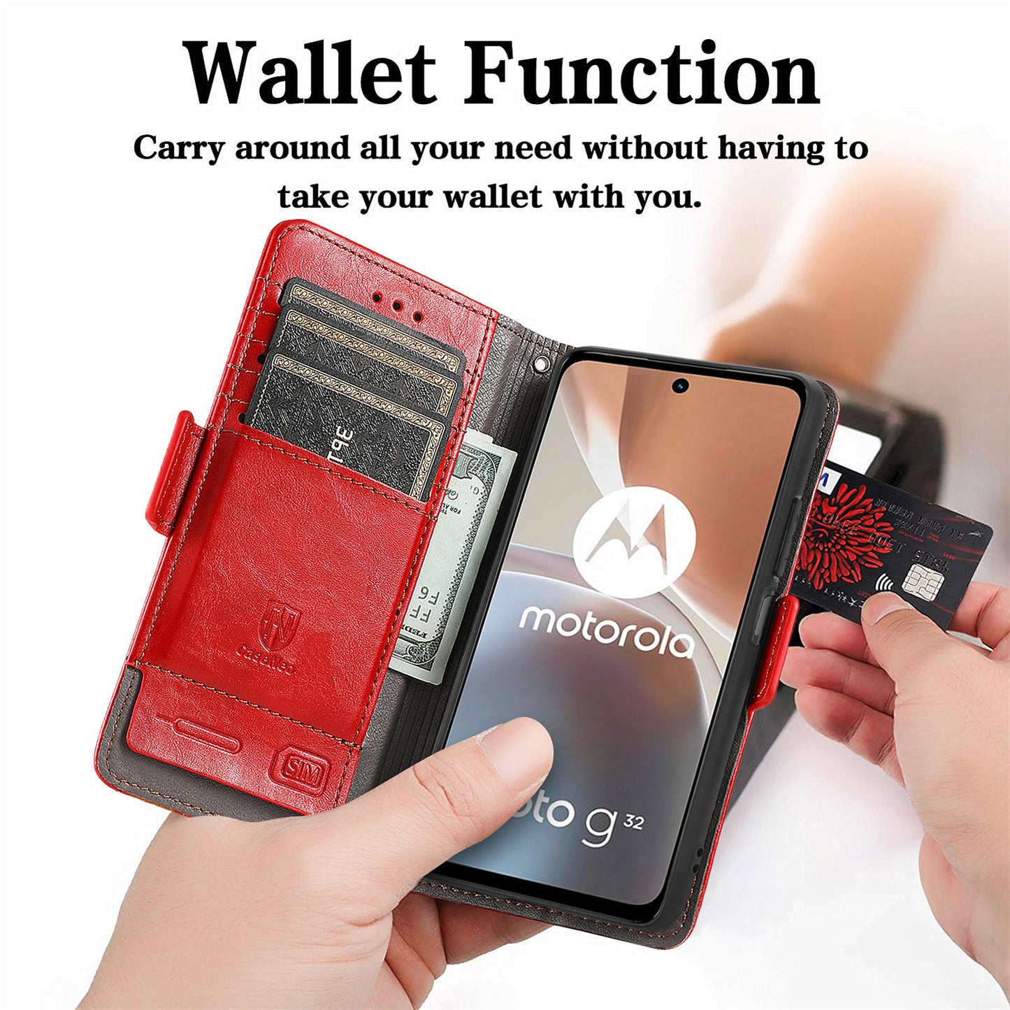 CASENEO 002 Series RFID Blocking Phone Case for Motorola Moto G32 4G, Business Splicing Style PU Leather + TPU Wallet Stand Anti-drop Phone Cover