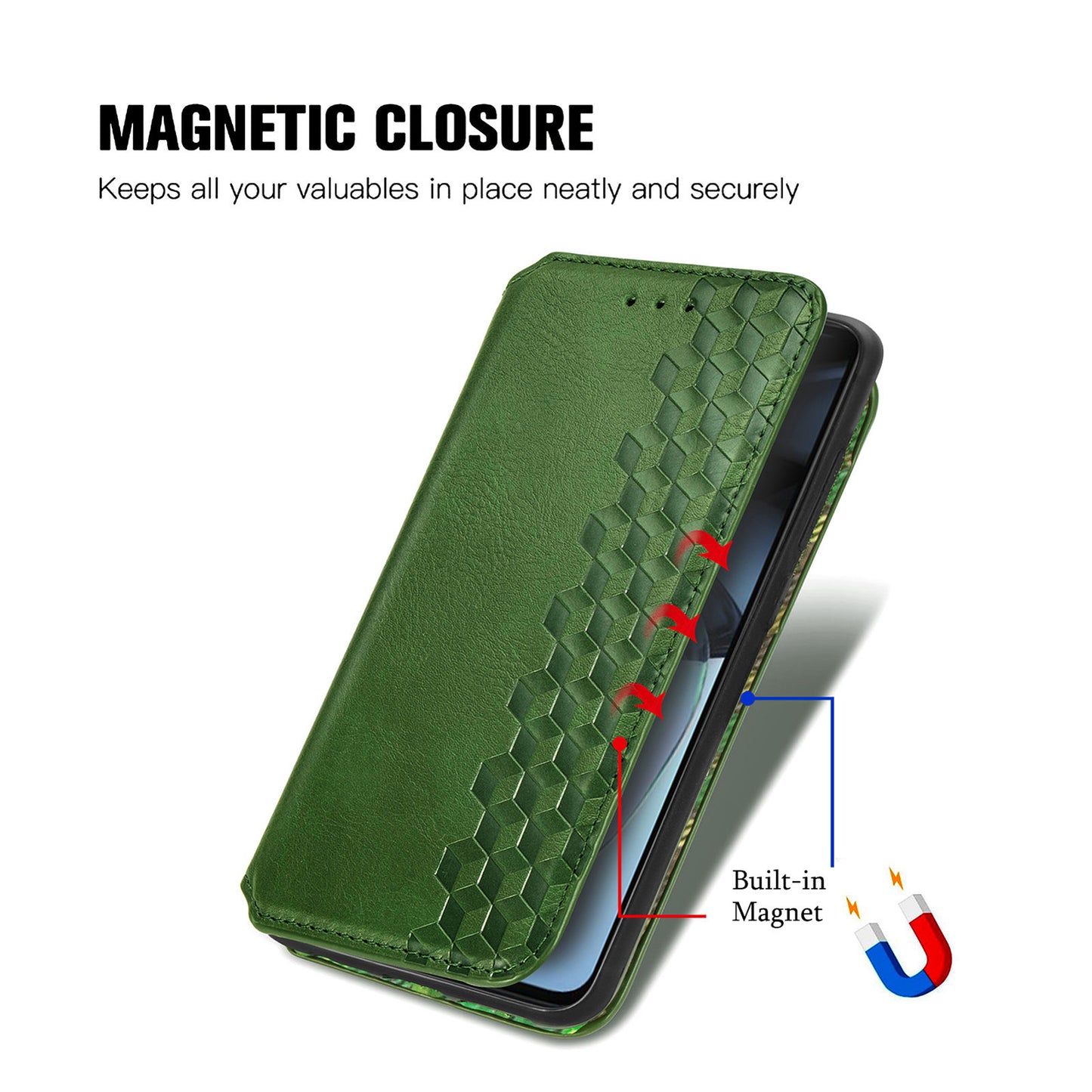 Shockproof PU Leather Phone Cover For Motorola Moto G72 4G, Magnetic Absorption Rhombus Imprinted Wallet Case Stand