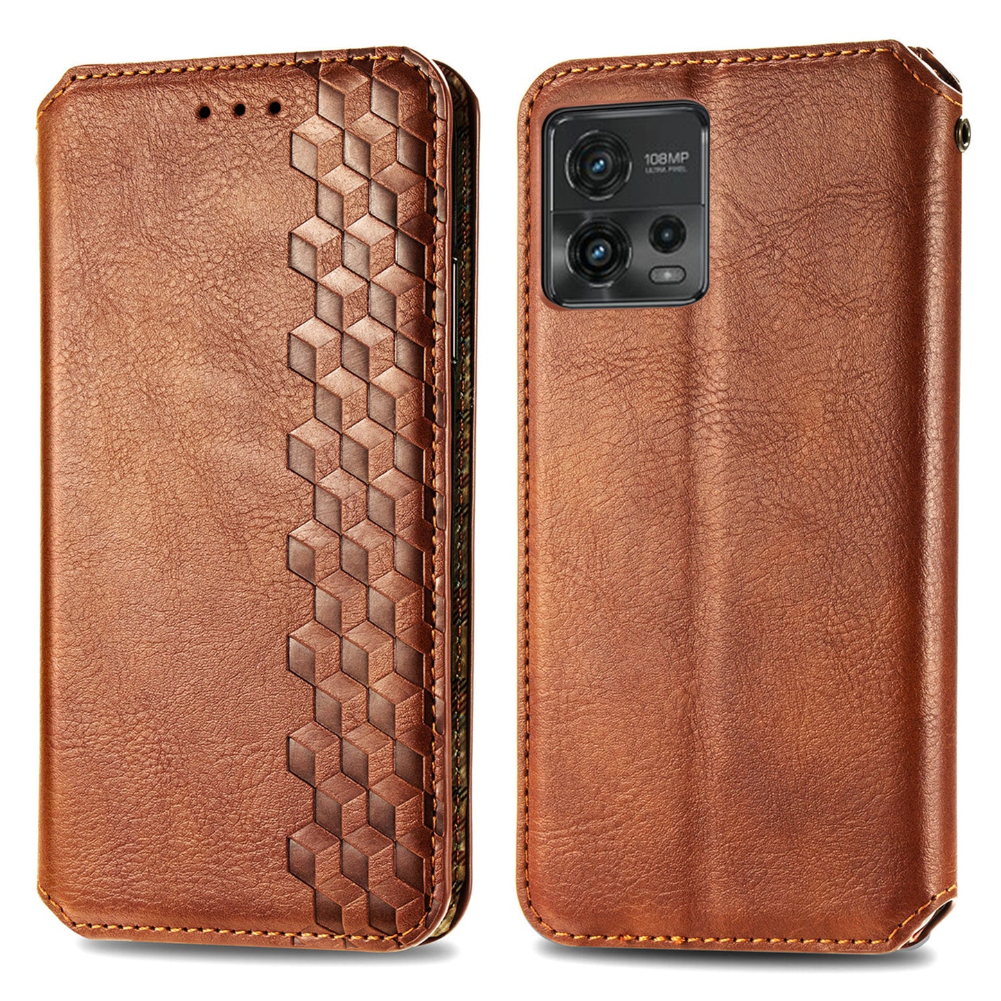 Shockproof PU Leather Phone Cover For Motorola Moto G72 4G, Magnetic Absorption Rhombus Imprinted Wallet Case Stand